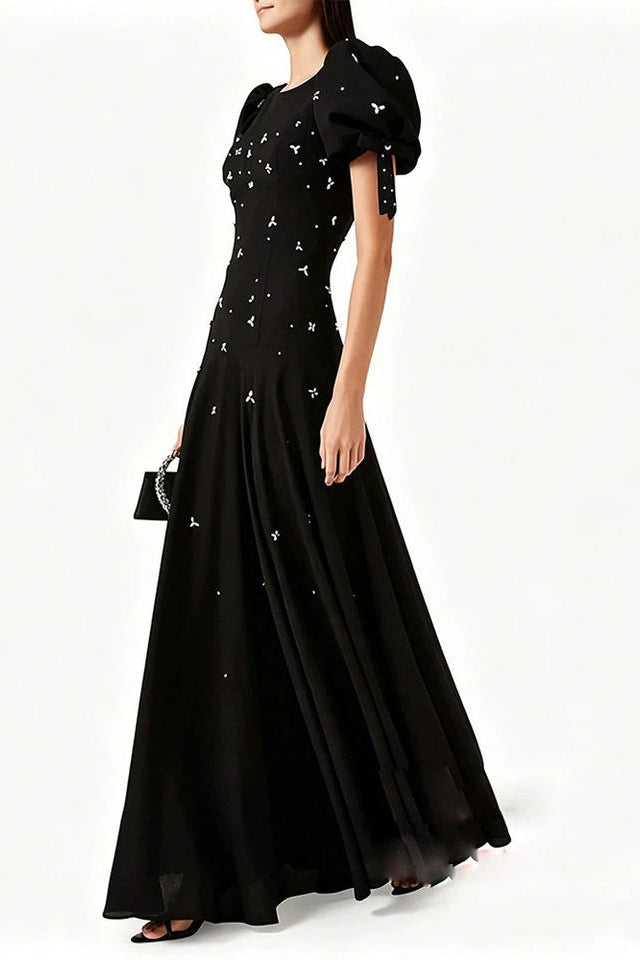 Custom Design Black Short Puff Sleeve Maxi Formal Dress Crystal Rhinestone Embellished A-Line Evening Party Gown