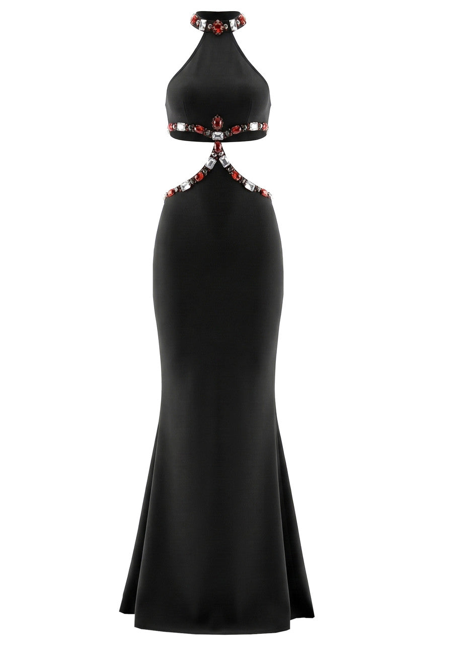 Black evening gown with red and silver embellishments on a white background