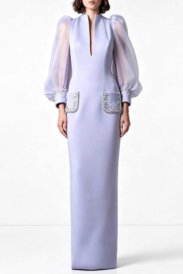Lavender Deep V Neck Lantern Sleeve Evening Gown Embroidered Pockets Maxi Formal Party Dress with Custom Design Service