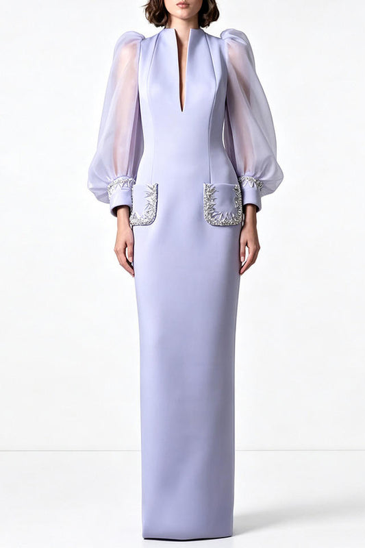 Lavender Deep V Neck Lantern Sleeve Evening Gown Embroidered Pockets Maxi Formal Party Dress with Custom Design Service