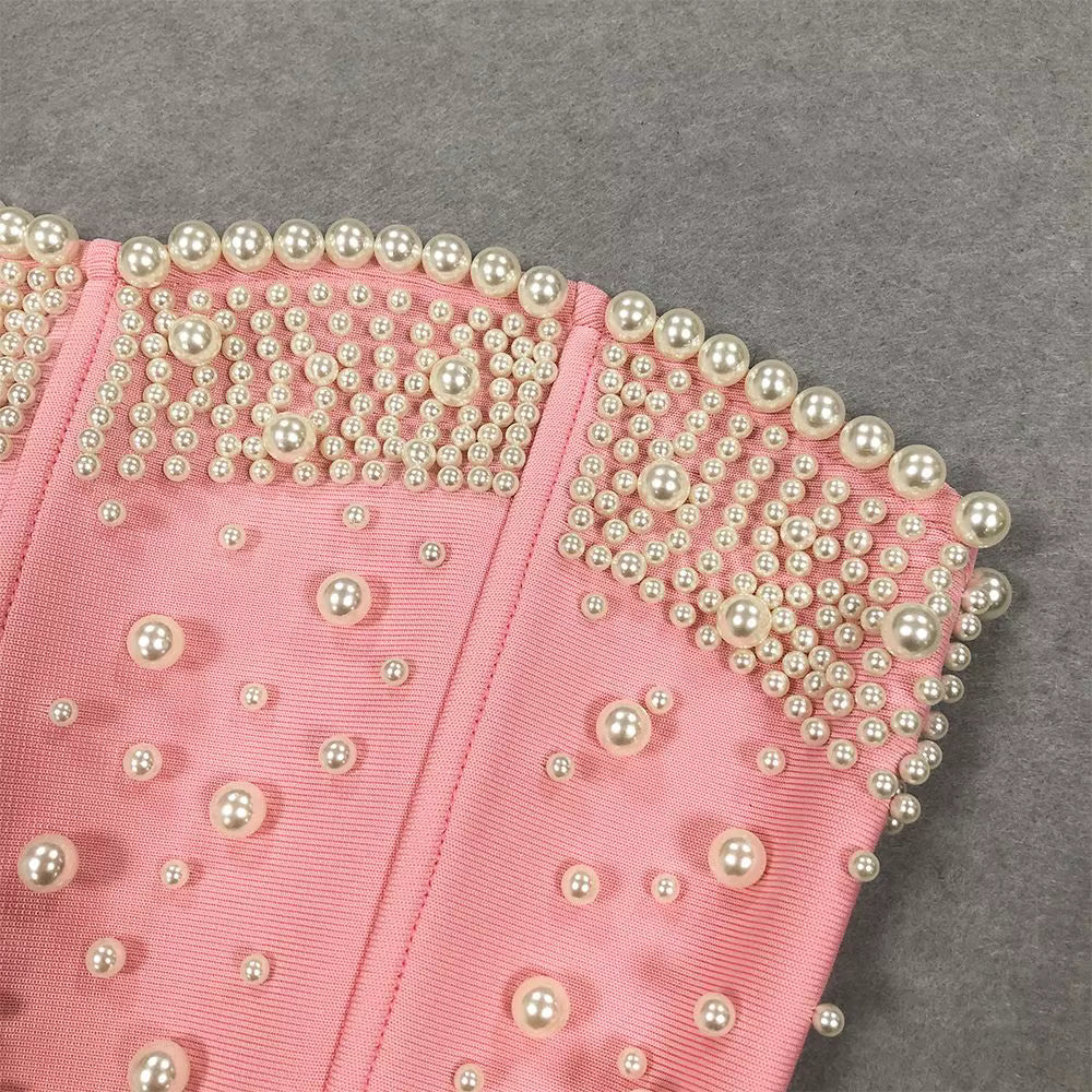 Pearl-Embellished Floor-Length Bandage Dress