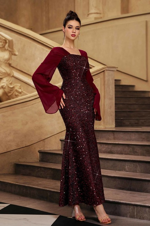 Elegant Burgundy Sequin Evening Gown Women Long Sleeve Formal Maxi Dress Luxury Sparkly Mermaid Prom Wedding Guest Party Dresses