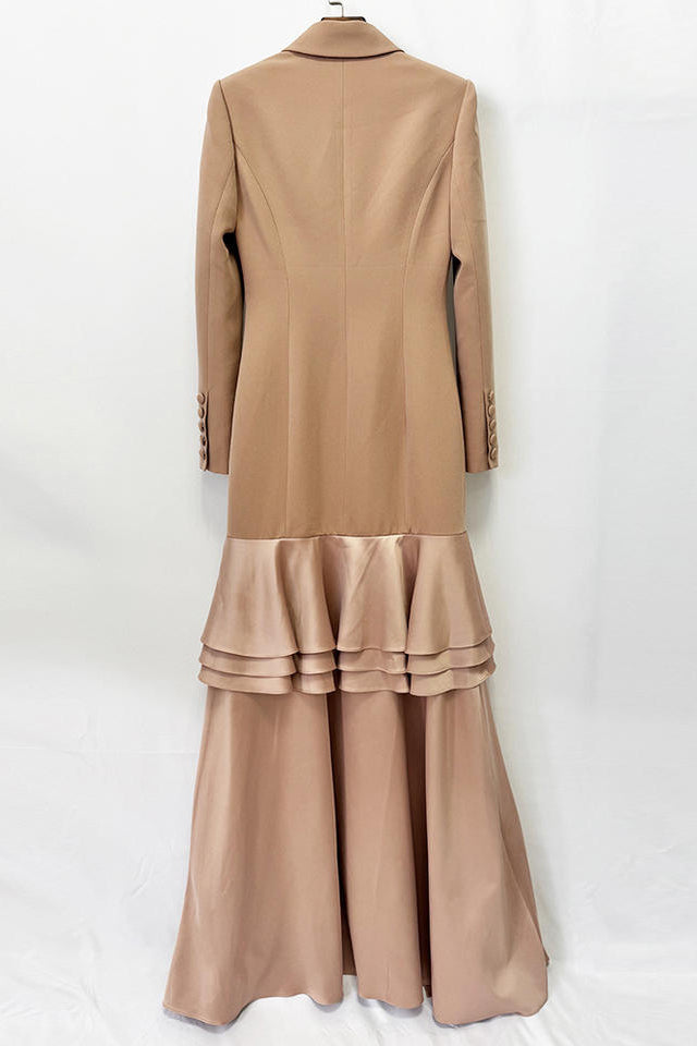 Khaki Nude Blazer Evening Gown Double Breasted High Low Ruffle Maxi Party Dress with Custom Design Service