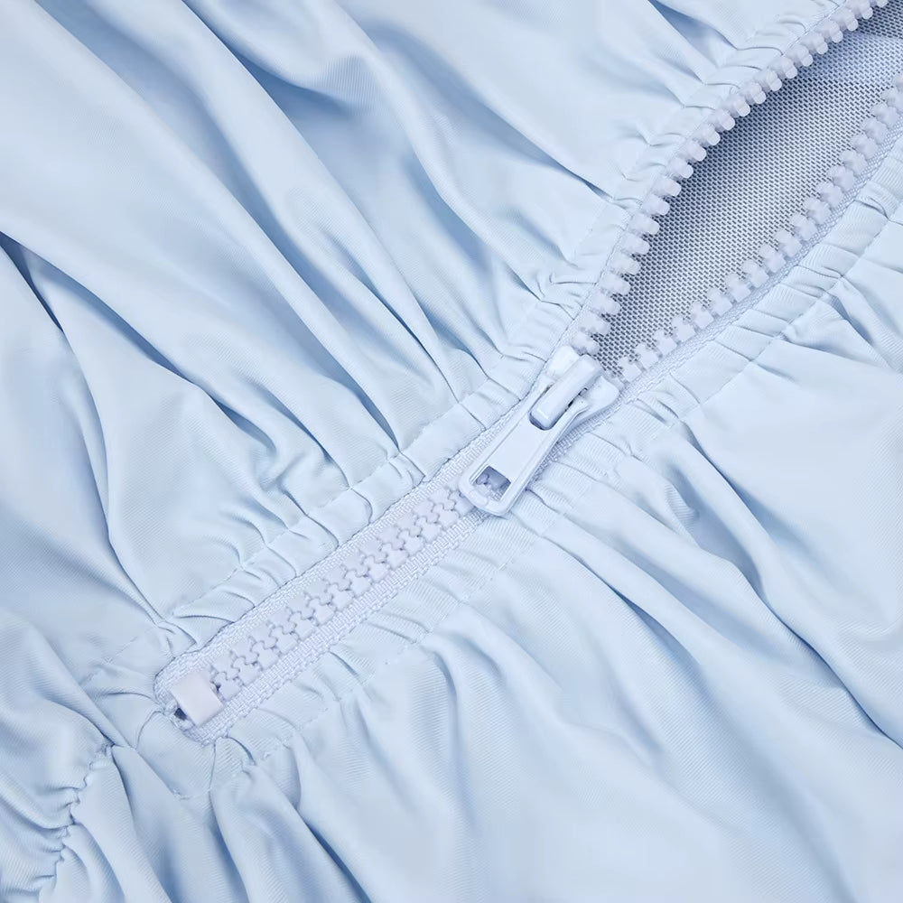 Serenya Sky Blu Fringe Mesh Maxi Gown