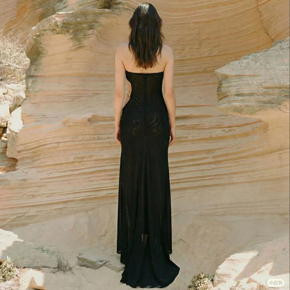 OEM Dropshipping Beach Wedding Resort Evening Party Wear Black and Gold One Shoulder High Slit Maxi Dress for Women