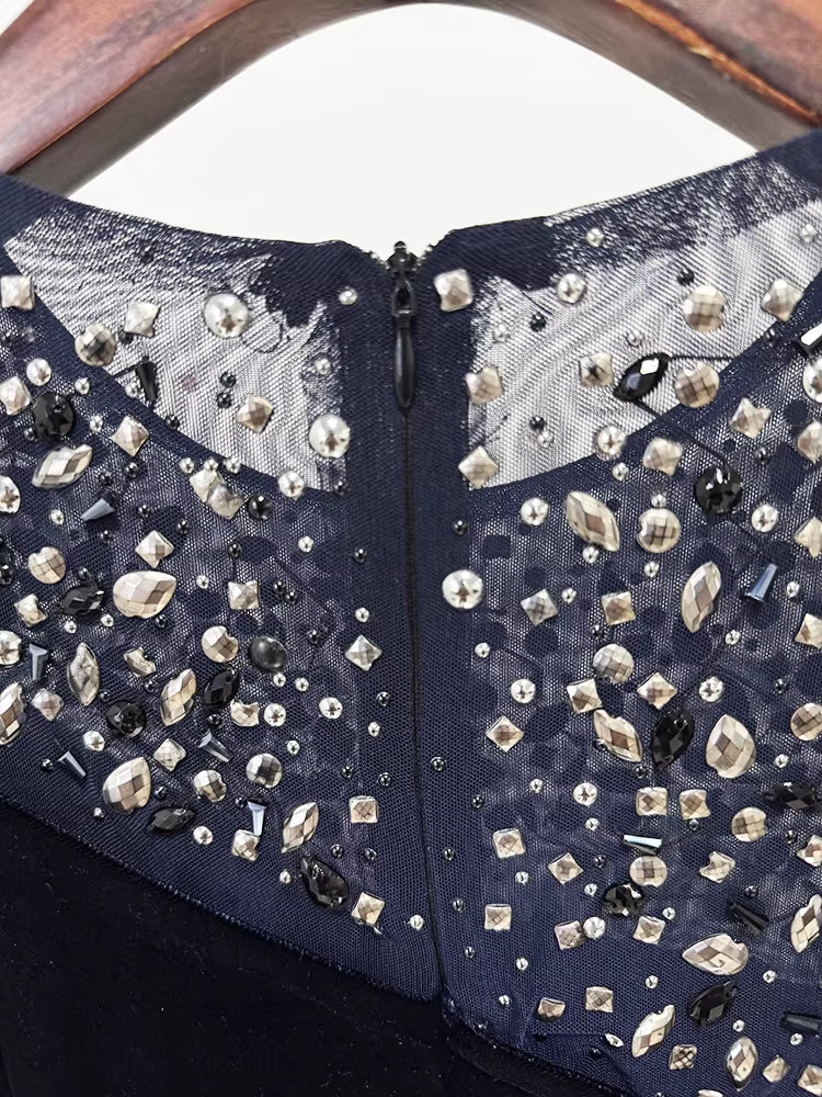 Velvet Beaded Mesh Sleeve Mermaid Evening Gown