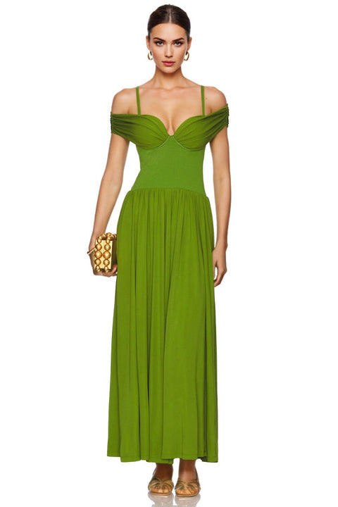 Elegant Green Off Shoulder Ruching Maxi Dress Spaghetti Strap Pleated Corset Evening Gown for Summer Party Wedding Guest