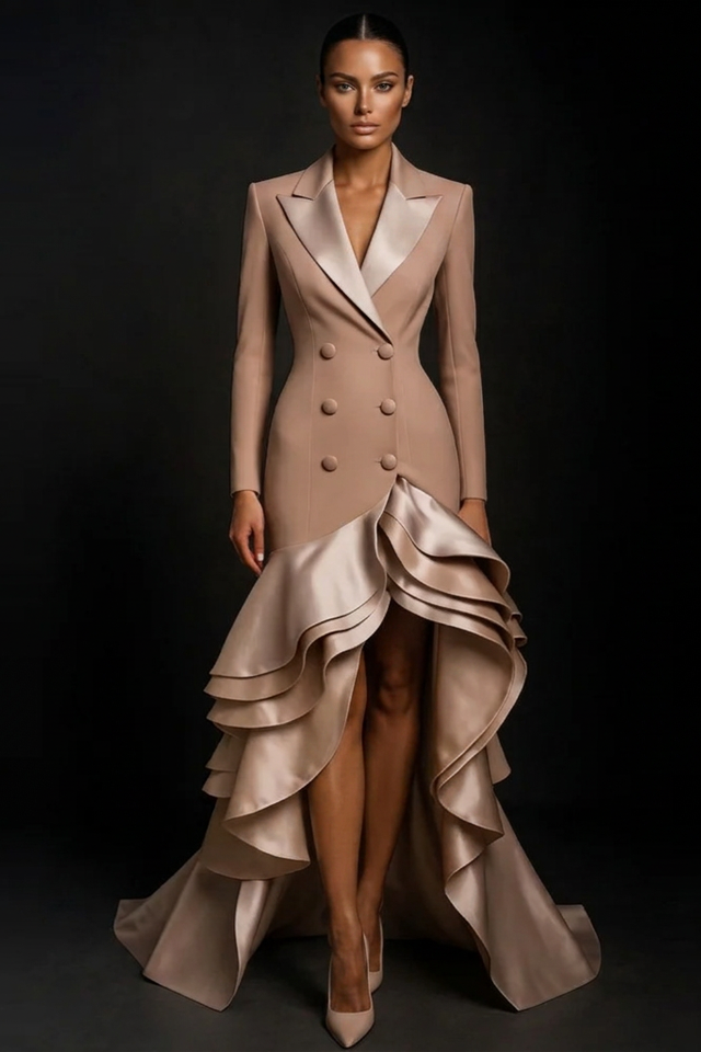 Khaki Nude Blazer Evening Gown Double Breasted High Low Ruffle Maxi Party Dress with Custom Design Service