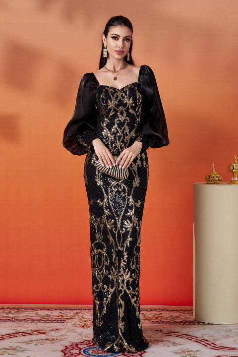 Luxury Black Gold Sequin Middle East Evening Dresses Elegant Puff Sleeve Bodycon Formal Long Gown for Party Banquet Wedding