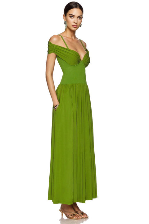 Elegant Green Off Shoulder Ruching Maxi Dress Spaghetti Strap Pleated Corset Evening Gown for Summer Party Wedding Guest