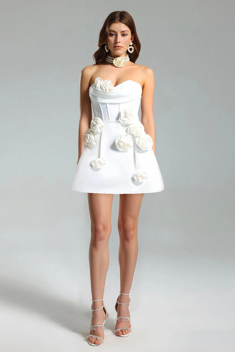 Elegant Women Party Club Evening Dresses White Strapless 3D Floral Applique Mini Bandage Dress With Corset Bodice