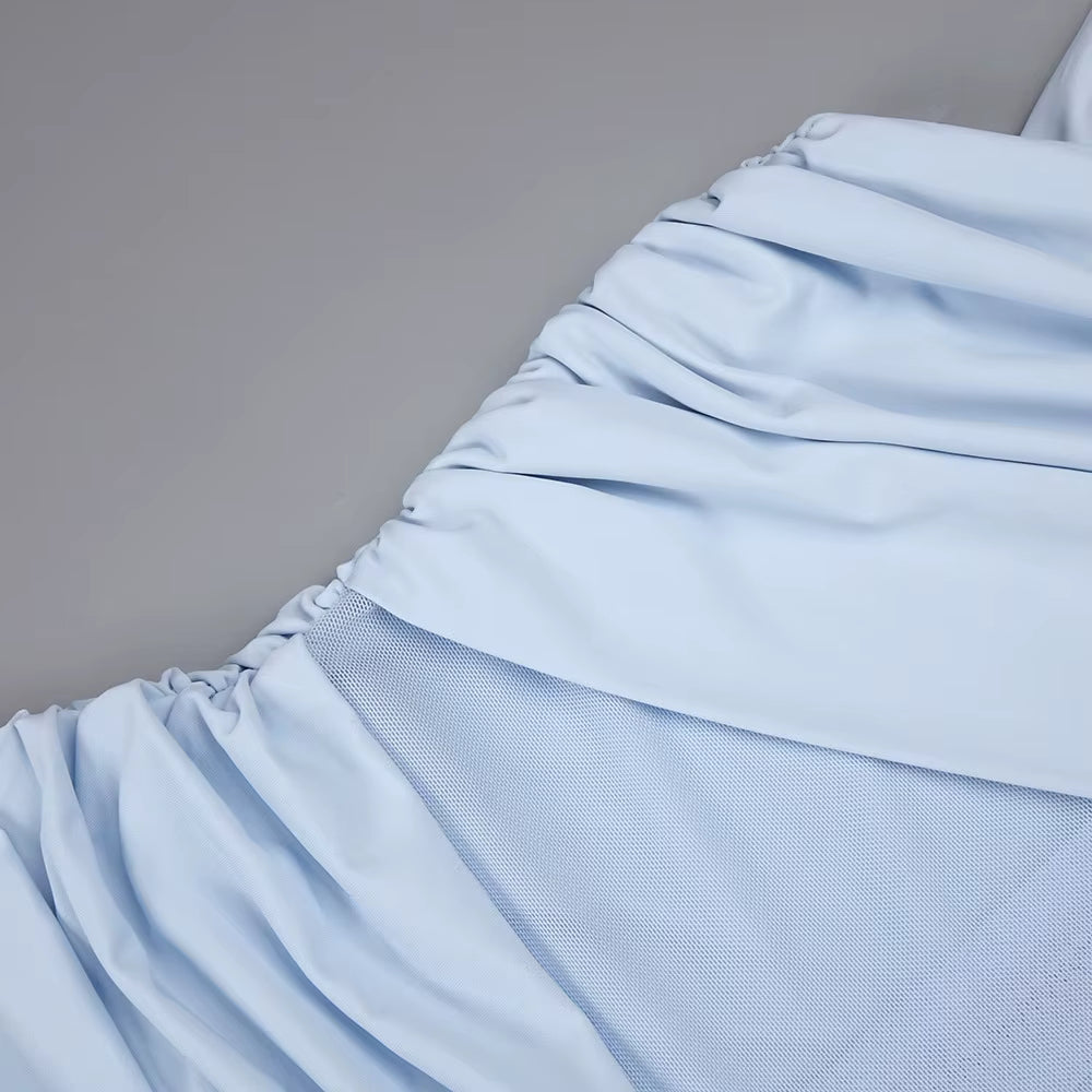 Serenya Sky Blu Fringe Mesh Maxi Gown