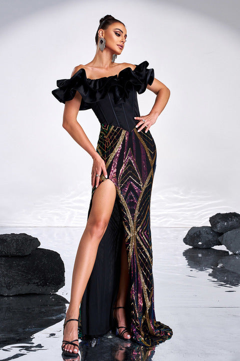 Luxury Formal Maxi Dress Black Ruffle Split Long Party Wear Prom Wedding Guest Outfit Elegant Off Shoulder Sequin Evening Gown
