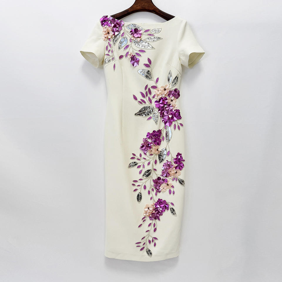 Custom Design Cream Short Sleeve Midi Pencil Dress 3D Floral Applique Embroidered Mother of the Bride Cocktail Dress