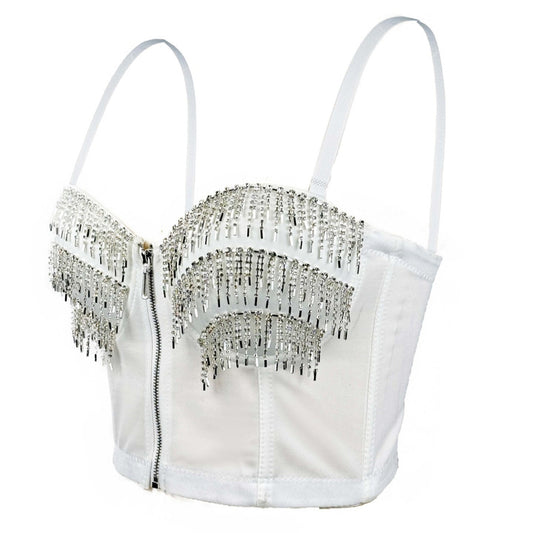 High Quality Women Black Sling Rhinestone Fringe Zipper Bustier Top Fashion Party Clubwear Corset