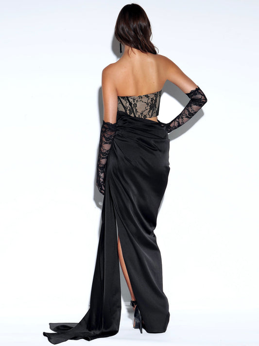 2023 Sleeveless Sheath Mesh Floral Patterned Leaky Waist Split Pleated Women's Long Dress