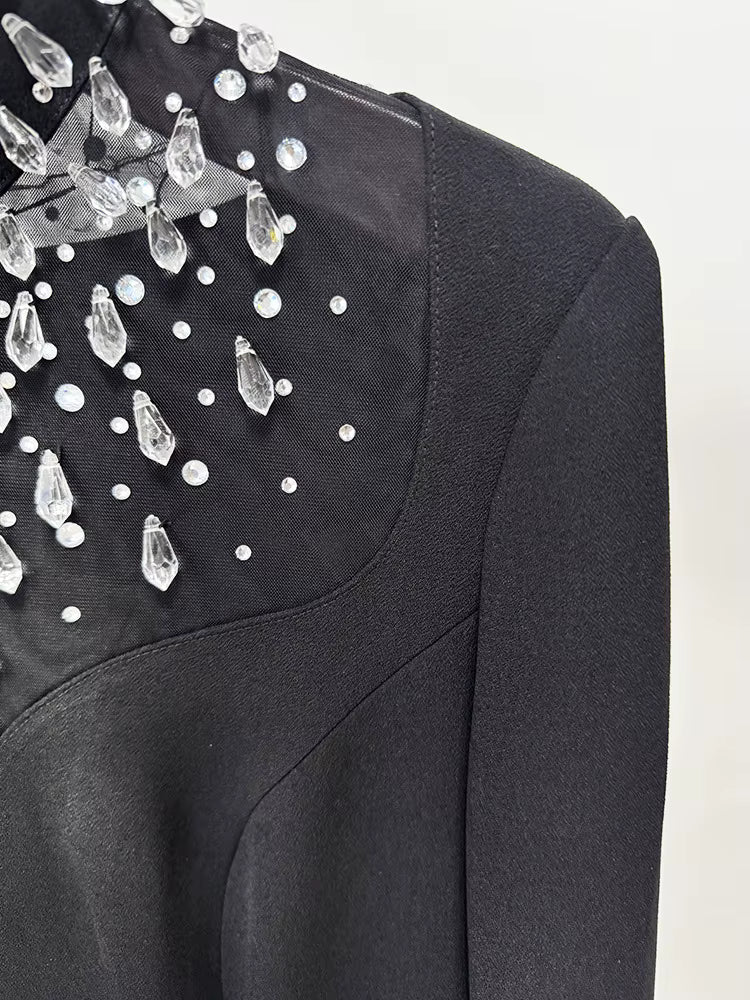 Custom Design Black Crystal-Beaded Evening Gown