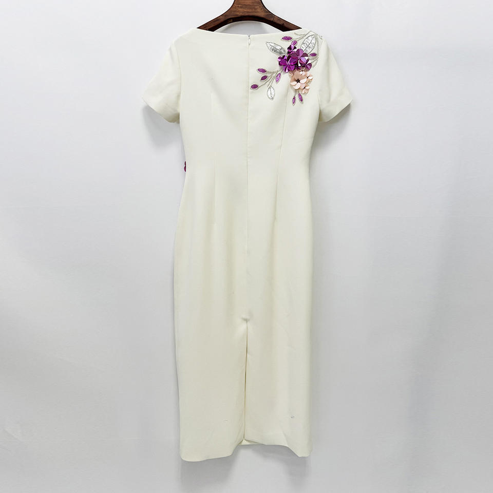 Custom Design Cream Short Sleeve Midi Pencil Dress 3D Floral Applique Embroidered Mother of the Bride Cocktail Dress