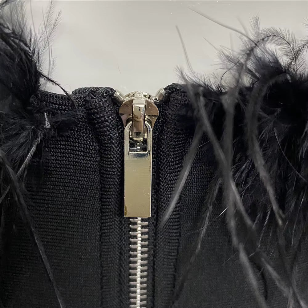 Verona Luxe Feather-Trim Strapless Crystal Bandage Dress