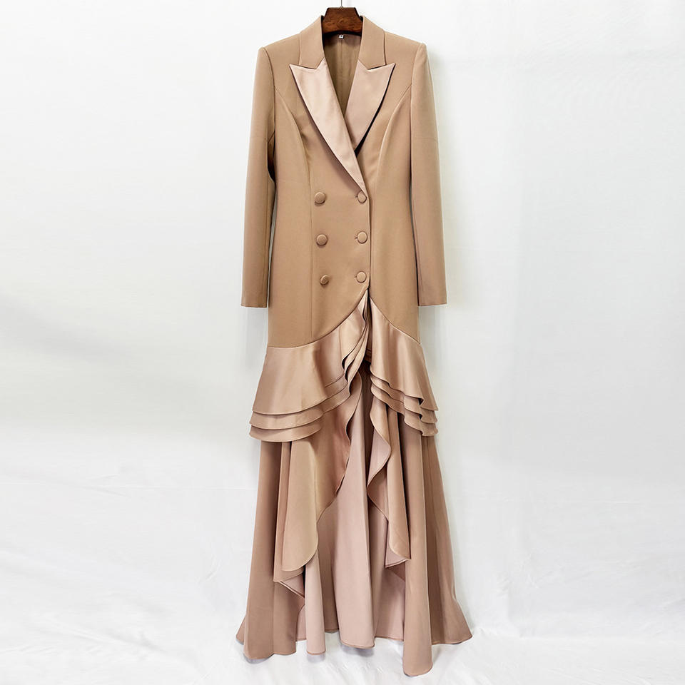 Khaki Nude Blazer Evening Gown Double Breasted High Low Ruffle Maxi Party Dress with Custom Design Service