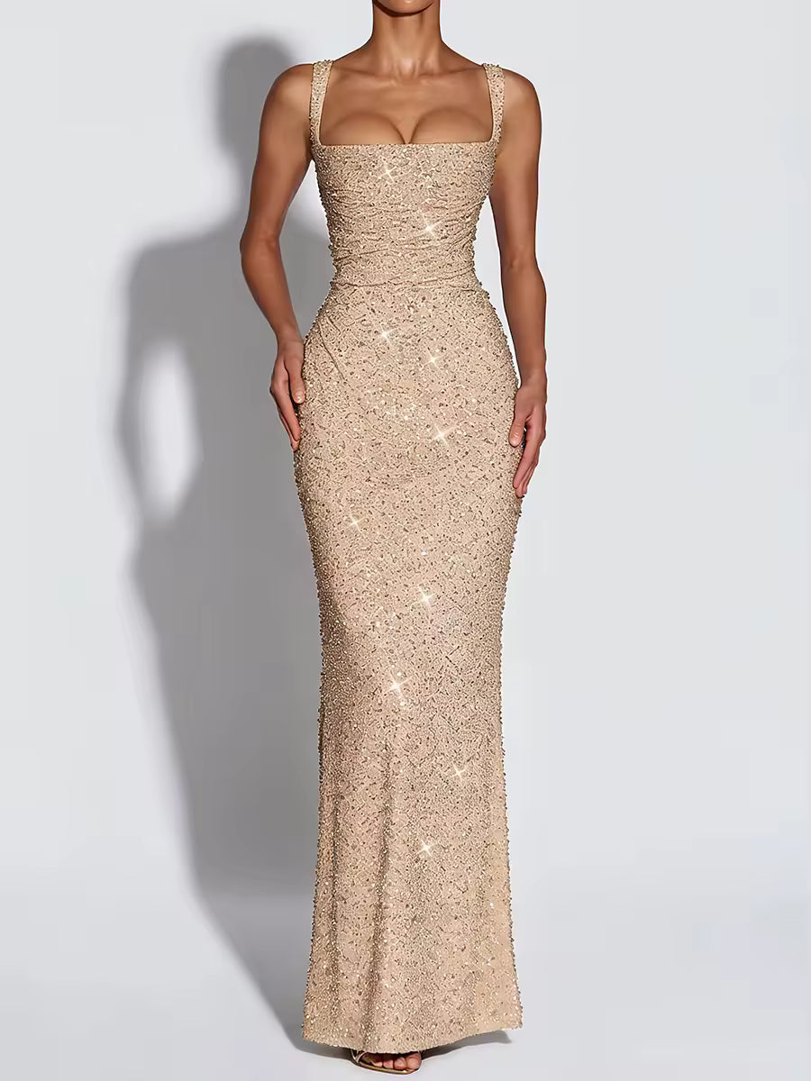 Sequin Square-Neck Sleeveless Bodycon Maxi Evening Dress