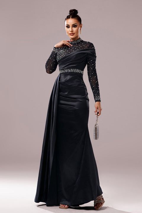 Elegant Black Evening Gown Long Sleeve Sequin Maxi Dress High Neck Mesh Top Sparkly Formal Prom Outfit Women Party Wear
