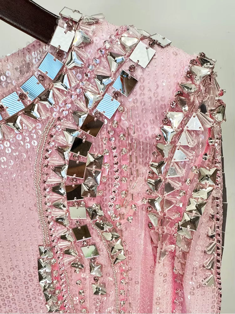 Aveline Pink Sequin Long Sleeve Evening Gown