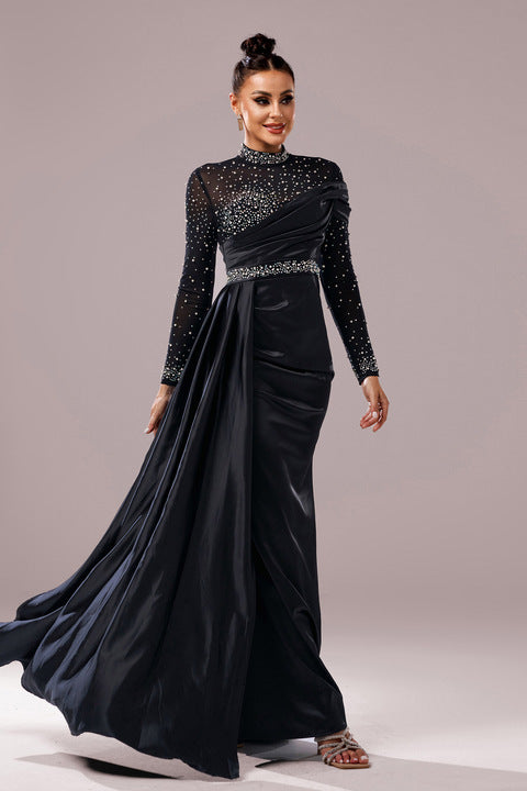 Elegant Black Evening Gown Long Sleeve Sequin Maxi Dress High Neck Mesh Top Sparkly Formal Prom Outfit Women Party Wear