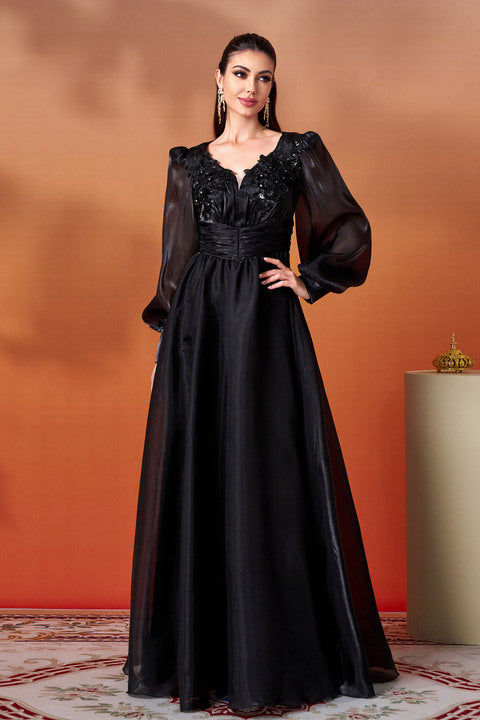 Luxury Black Evening Maxi Dresses Women Long Sleeve V Neck Gown Formal Party Dress Prom Wedding Outfit Ladies Fashion Clothing