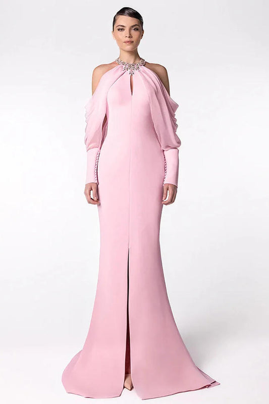 Custom Design Pink Halter Jeweled Neckline Cold Shoulder Long Sleeve Slit Evening Gown Mermaid Formal Maxi Dress