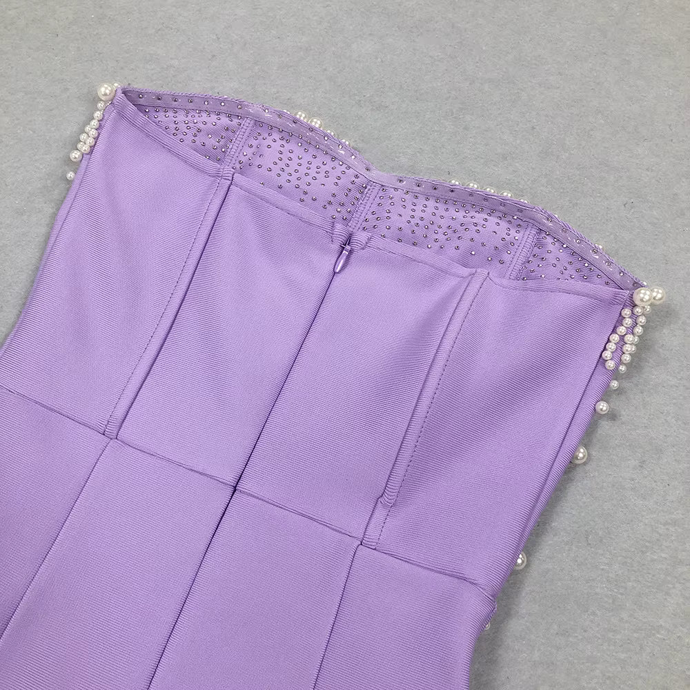 Pearl-Embellished Floor-Length Bandage Dress