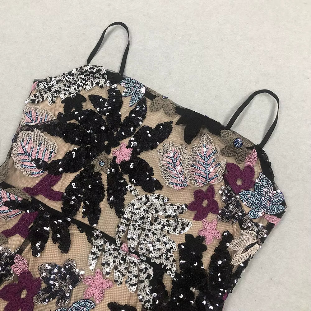 Sequin Floral Embroidered Maxi Evening Dress by Luxe Lane | Party dresses from Luxe Lane | Options: black S(2) | close-up of Luxe Lane floral embroidered fabric showing purple, gold, and black sequin patterns