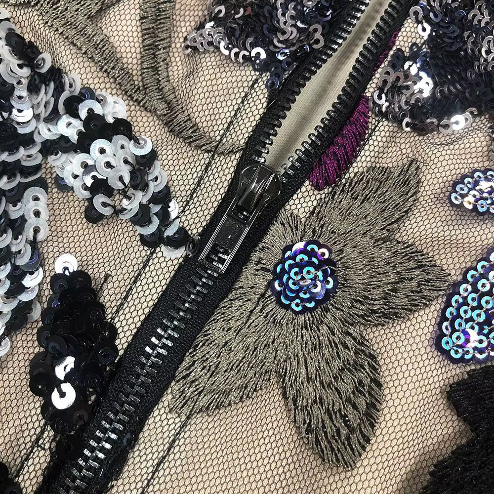 Sequin Floral Embroidered Maxi Evening Dress by Luxe Lane | Party dresses from Luxe Lane | Options: black S(2) | macro view of Luxe Lane floral embroidery with multicolor sequins and fine stitching on sheer base