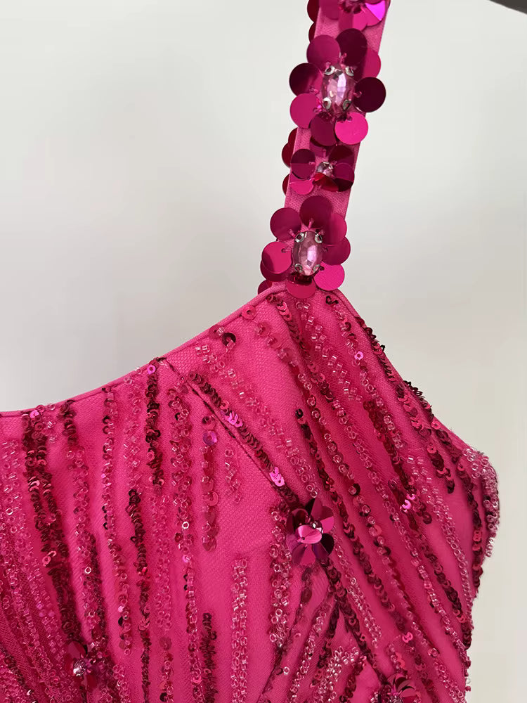 macro shot of Luxe Lane fuchsia strap design with crystal beading and shimmer detailing