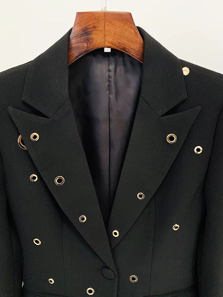 macro shot of Luxe Lane white blazer pocket with polished gold eyelets and neat seams