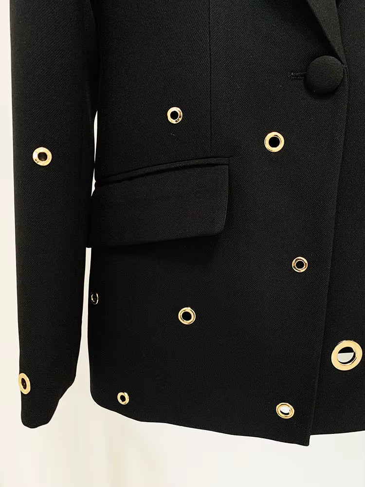 front close-up of Luxe Lane white double-breasted blazer with structured shoulders and gold details