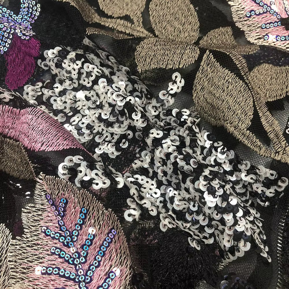 Sequin Floral Embroidered Maxi Evening Dress by Luxe Lane | Party dresses from Luxe Lane | Options: black S(2) | close-up of Luxe Lane zipper detail on floral sequin embroidered mesh fabric