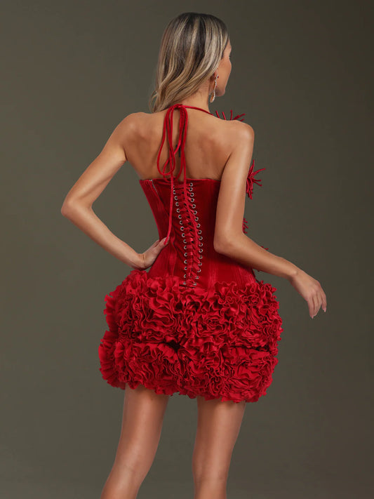 Crimson Bloom Two-Piece Floral Corset & Mini Skirt Set