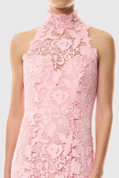 A close-up of a model wearing a light pink sleeveless lace dress with a high mock neck and floral lace pattern.