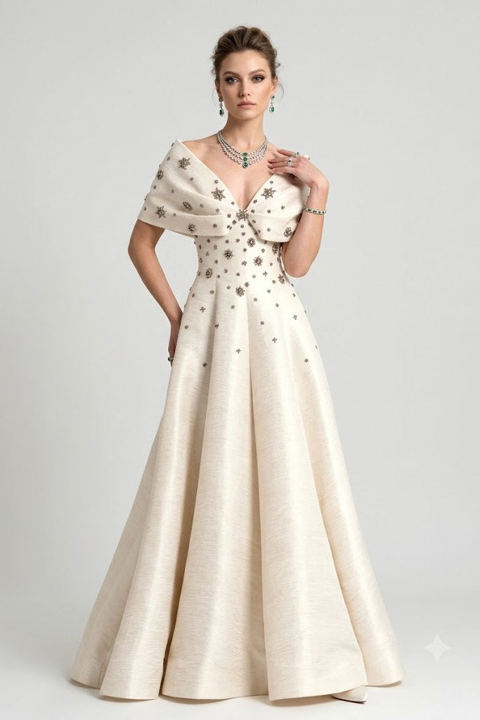 A woman modeling a floor-length cream formal gown with short puff sleeves, a deep V-neckline, and scattered metallic star embellishments on the bodice and skirt, photographed against a light gray studio background.