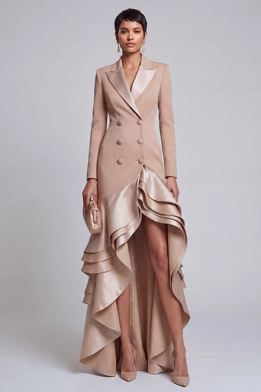 Nude Ruffle Blazer Maxi Dress