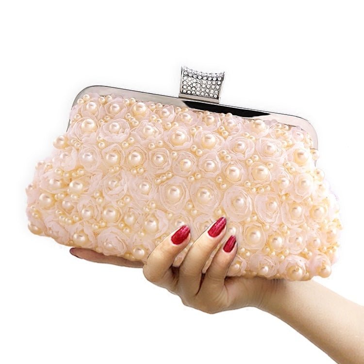 Acrylic Pearl Evening Bag – Round Crossbody Clutch by CJ | 0 from Luxe Lane | SKU: CJNS104711401AZ | Barcode:  | Options: Apricot pink | Acrylic Pearl Evening Bag – Round Crossbody Clutch