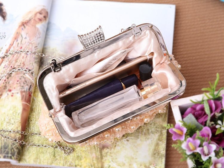 Acrylic Pearl Evening Bag – Round Crossbody Clutch by CJ | 0 from Luxe Lane | SKU: CJNS104711401AZ | Barcode:  | Options: Apricot pink | Acrylic Pearl Evening Bag – Round Crossbody Clutch