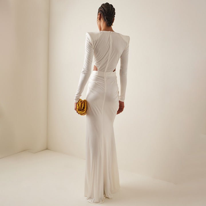 Alba Ivory Cut - Out High Slit Maxi Gown by Luxe Lane | Dresses from Luxe Lane | SKU:  | Barcode:  | Options: White XS | High Quality Elegant White V Neck Long Sleeve High Slit Maxi Dress Bodycon Evening Gown Formal Dresses Cut Out Party Wear
