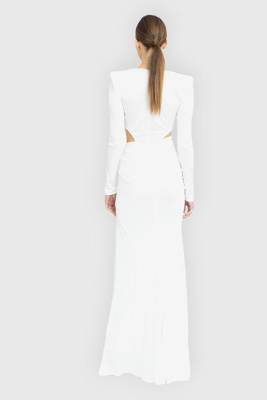 Alba Ivory Cut - Out High Slit Maxi Gown by Luxe Lane | Dresses from Luxe Lane | SKU:  | Barcode:  | Options: White XS | Woman wearing a white dress with cut - out design on a light gray background
