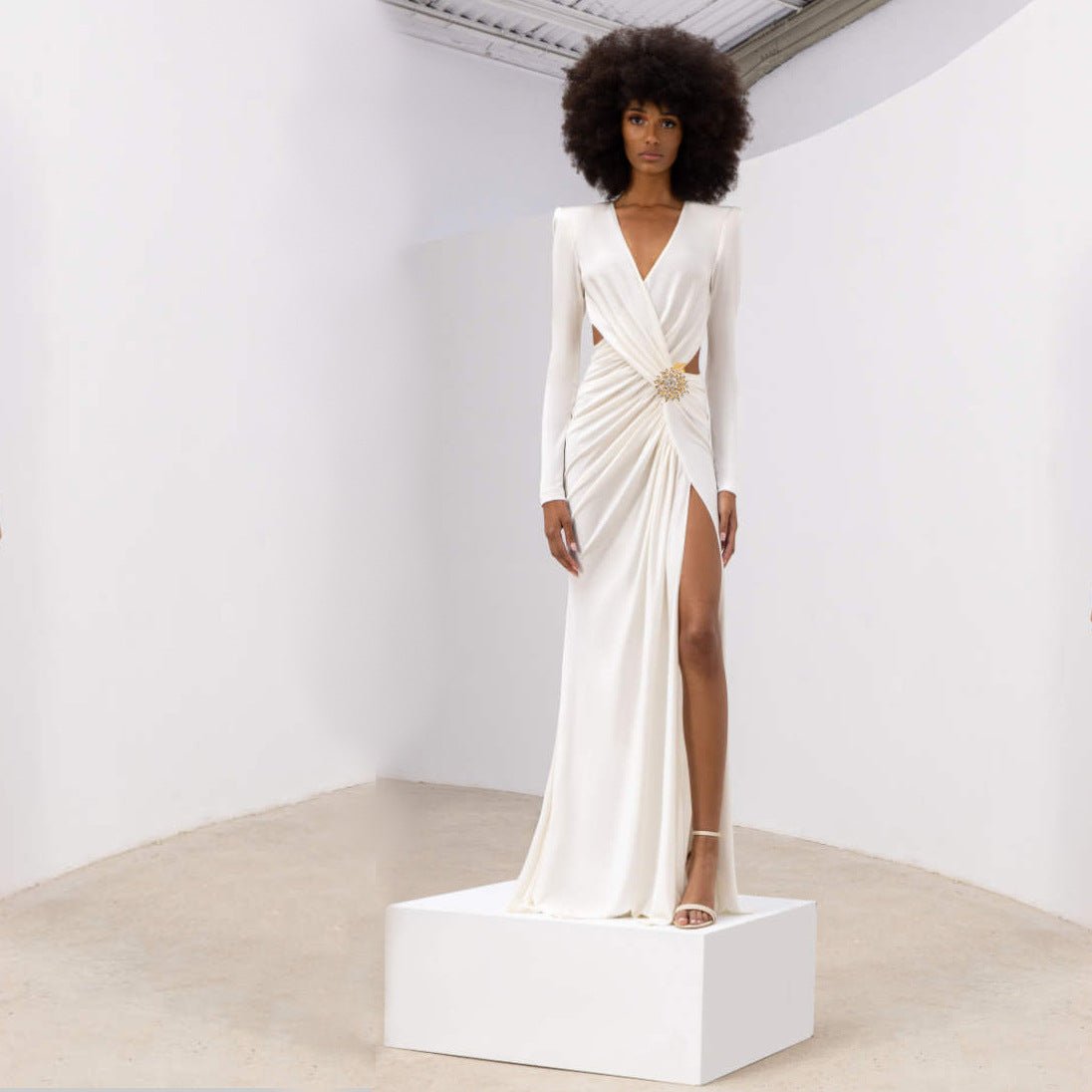 White Cut-Out Long Sleeve Maxi Dress with High Slit LuxeLane UK White / Xs White Cut-Out Long Sleeve Maxi Dress with High Slit LuxeLane UK White / Xs