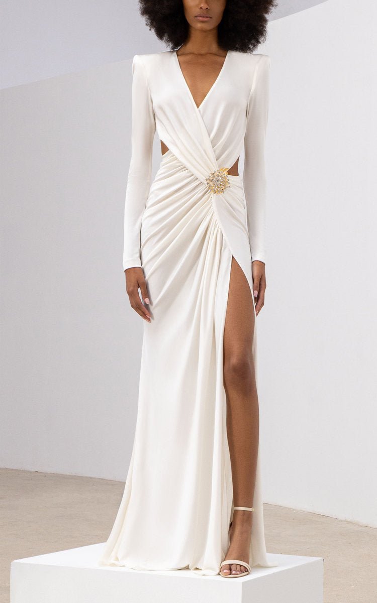 Alba Ivory Cut - Out High Slit Maxi Gown by Luxe Lane | Dresses from Luxe Lane | SKU:  | Barcode:  | Options: White XS | Alba Ivory Cut - Out High Slit Maxi Gown