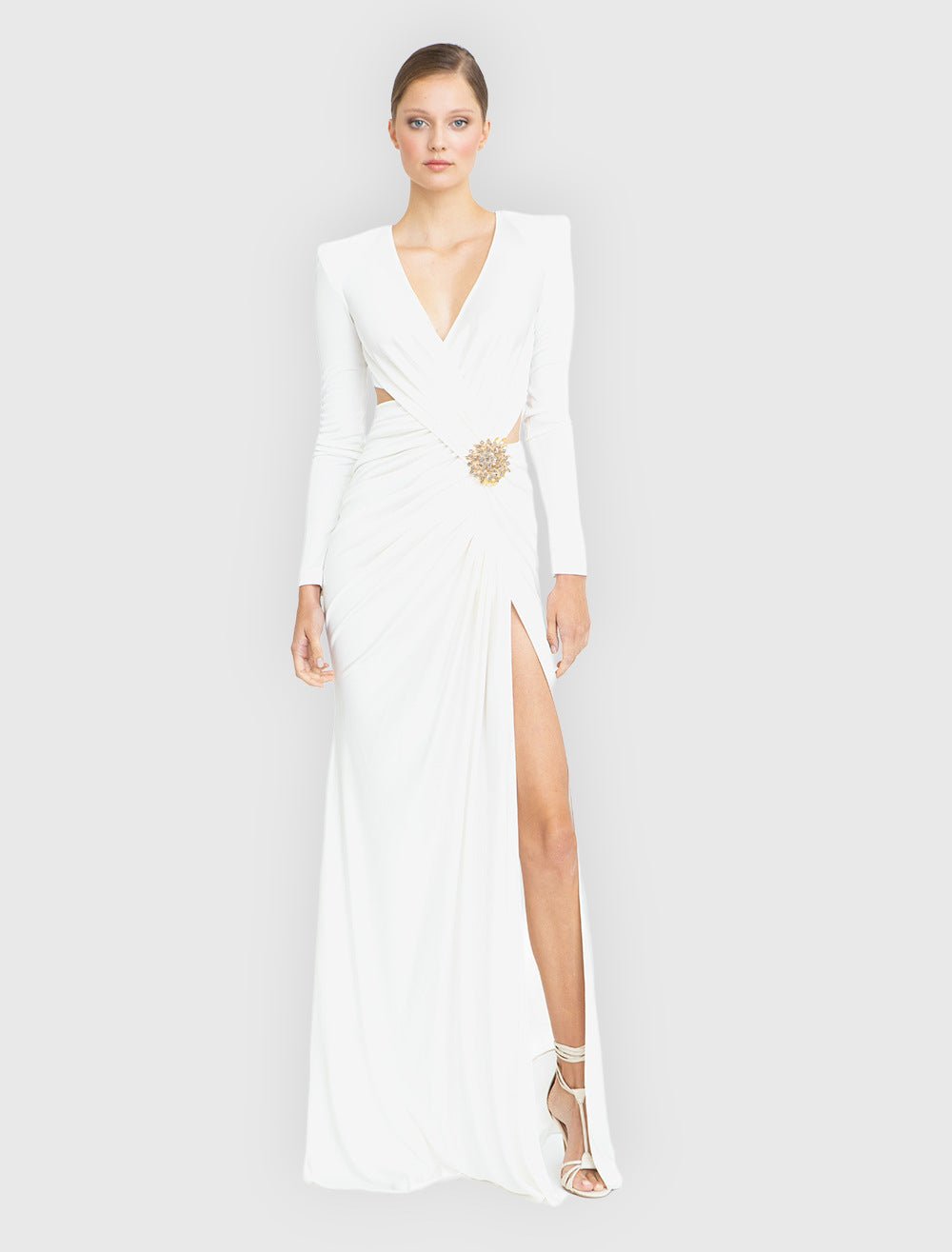 Alba Ivory Cut - Out High Slit Maxi Gown by Luxe Lane | Dresses from Luxe Lane | SKU:  | Barcode:  | Options: White XS | Alba Ivory Cut - Out High Slit Maxi Gown