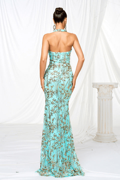 Allegra Halter Sequin Embroidered Gown by Luxe Lane | Party Dresses from Luxe Lane | SKU: -1 | Barcode:  | Options: Green S | Elegant Women Formal Gown Aqua Blue Halter Neck Sexy High Slit Maxi Evening Dresses With Gold Sequin Embroidery