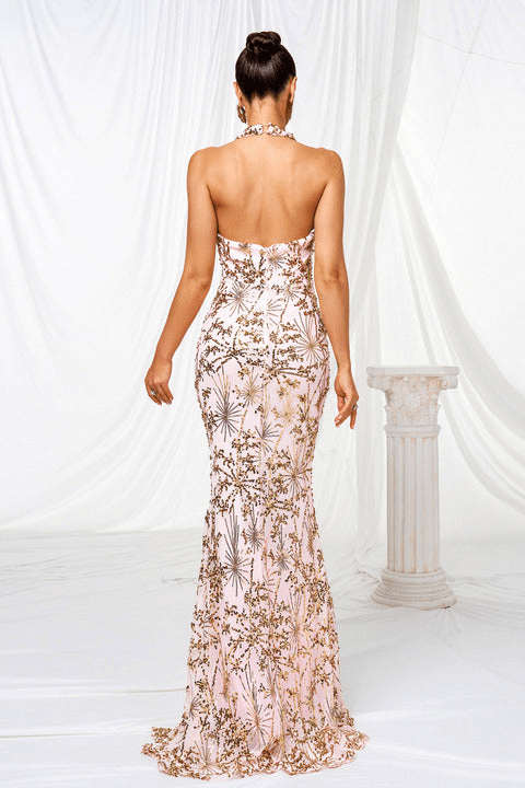 Allegra Halter Sequin Embroidered Gown by Luxe Lane | Party Dresses from Luxe Lane | SKU: -5 | Barcode:  | Options: Pink S | Elegant Women Formal Gown Aqua Blue Halter Neck Sexy High Slit Maxi Evening Dresses With Gold Sequin Embroidery